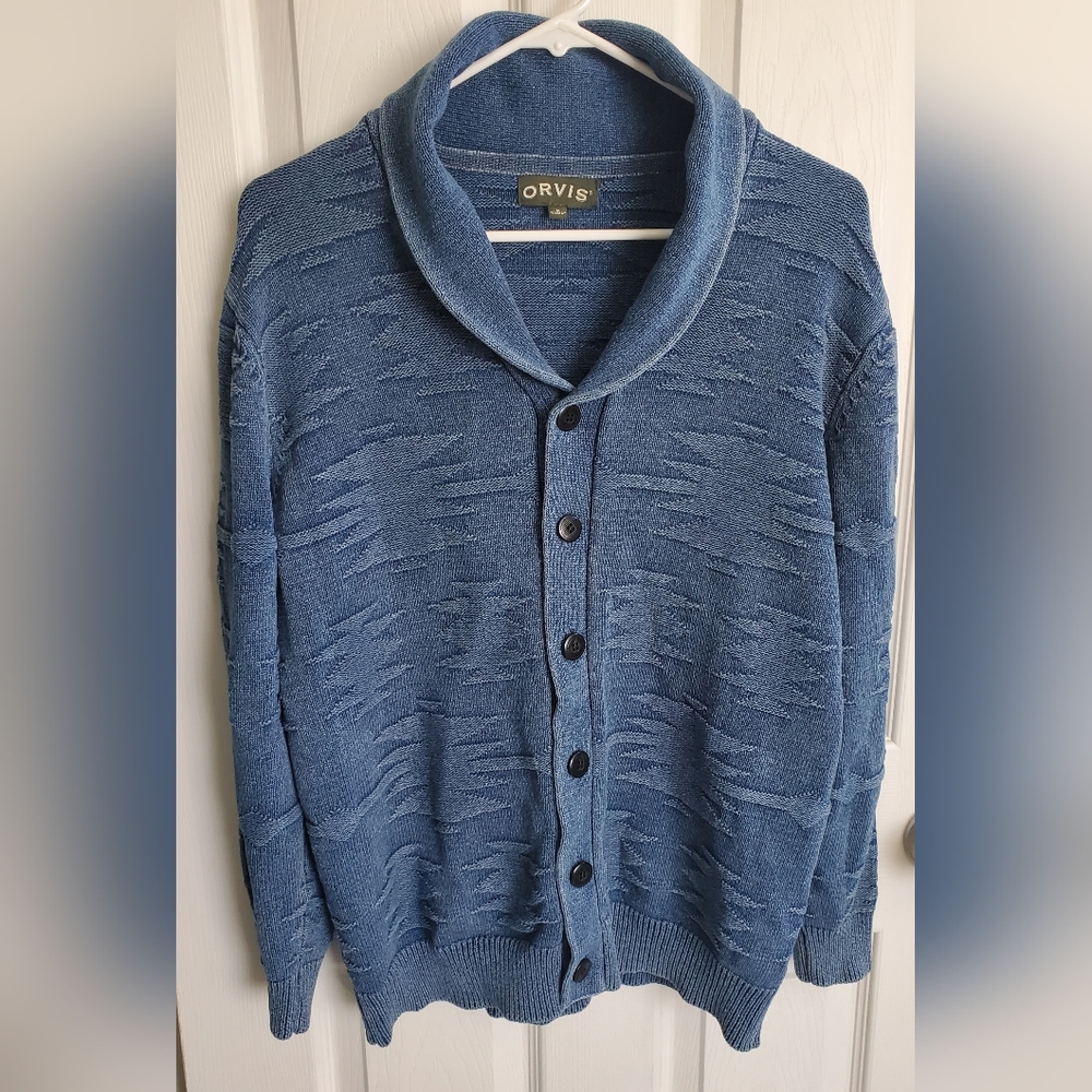 Orvis Aztec Shawl Collar Blue Cardigan 100% Cotton Men's Medium